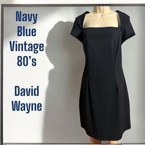 Vintage 80s David Wayne Navy Blue Square Neck Cap Sleeve Knee Length Dress